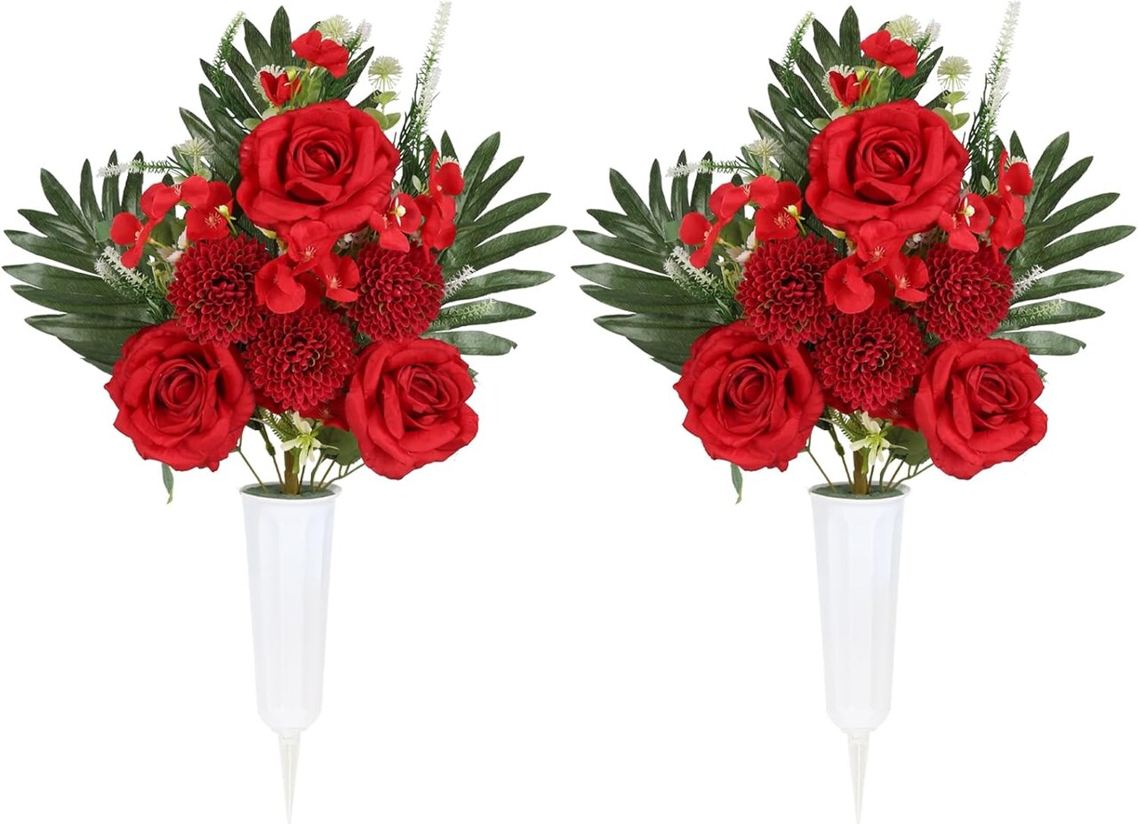 Artificial Cemetery & Memorial Flowers with Vase – Red Rose, Chrysanthemum & Hydrangea Gravesite Bouquet, Outdoor All-Weather Grave Decoration, Long-Lasting Non-Bleeding Colors (2 Sets)